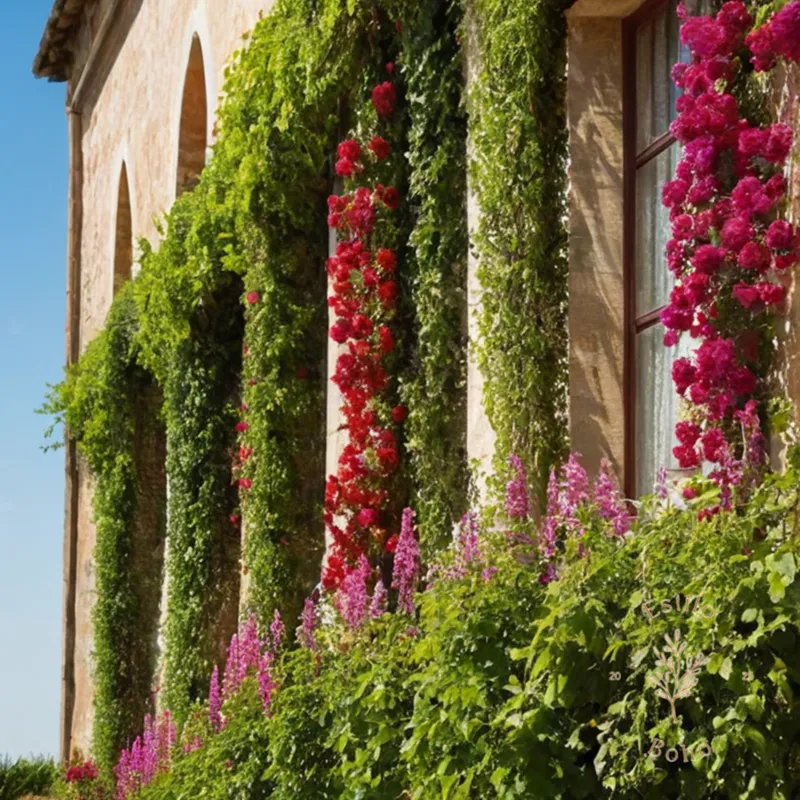 3-6 vibrant, flowering vines on various trellises or walls.