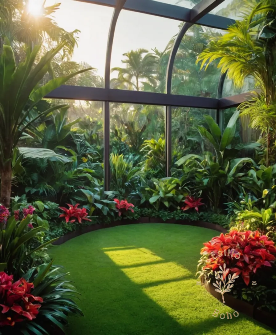 A lush, vibrant garden with exotic plants and twinkling lights.