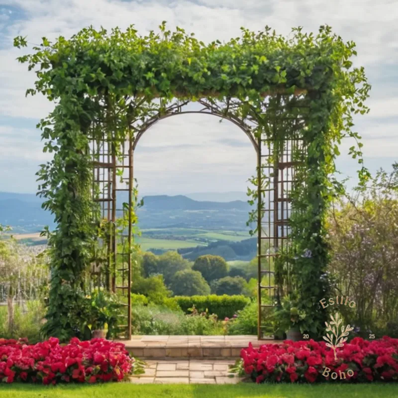 Vibrant plants entwined around a trellis against a whimsical background.