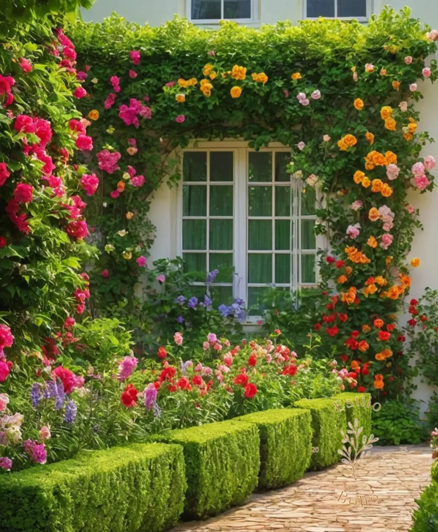 A vibrant, flowering trellis with lush greenery and colorful blooms.
