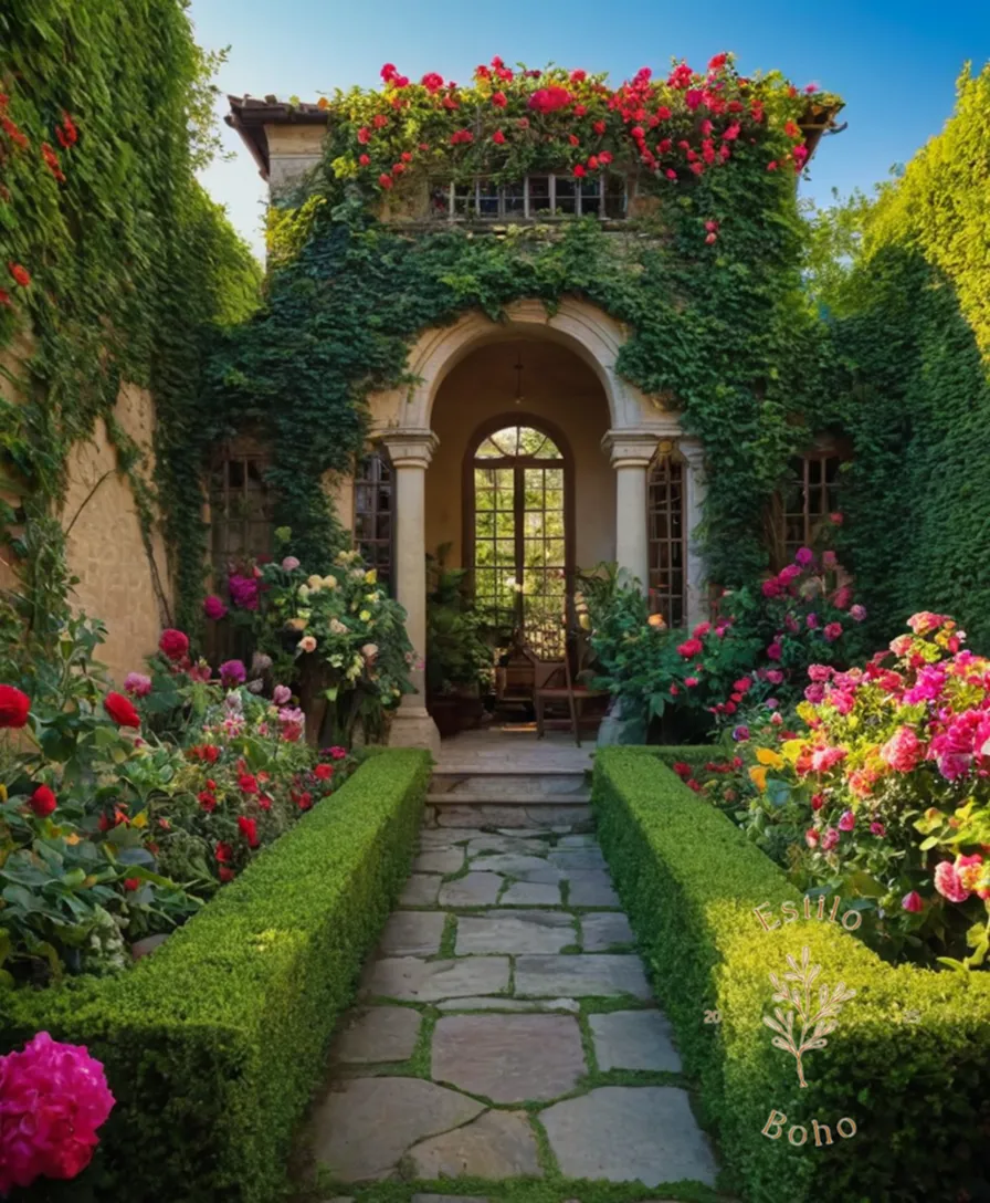 A lush, eclectic garden with trellised vines and colorful blooms.