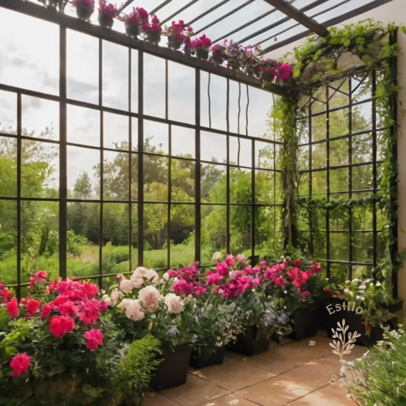 A vibrant, blooming trellis with diverse plants and creative recycled decor.