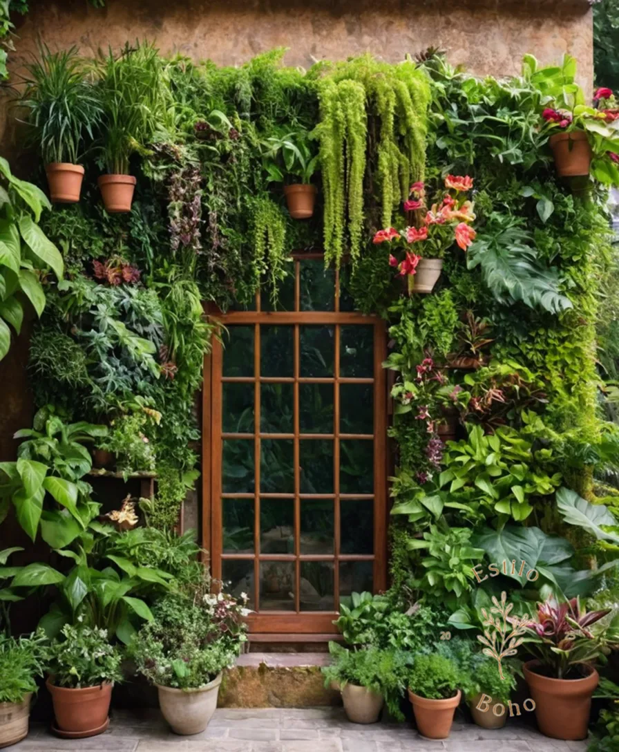 A bohemian-style vertical garden on a wall with lush greenery.