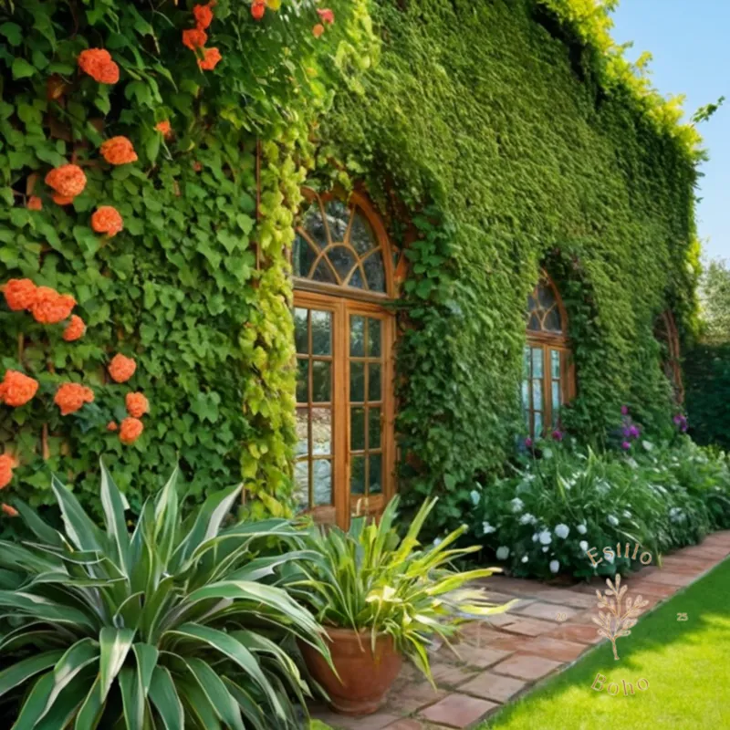 A vibrant garden wall or trellis with lush plants.