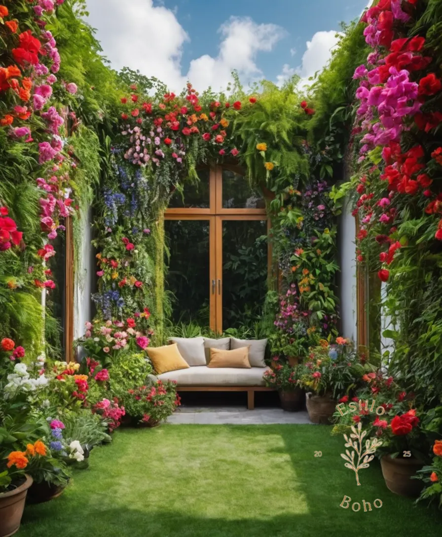A stylish vertical garden with lush greenery and colorful flowers.