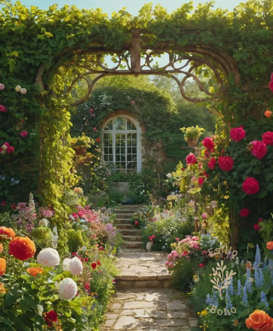 A whimsical, lush garden with trellises and climbing flowers overflowing.