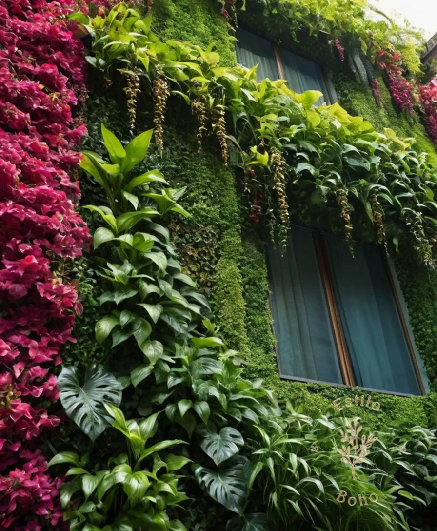 A lush, vibrant vertical garden with exotic climbing vines.