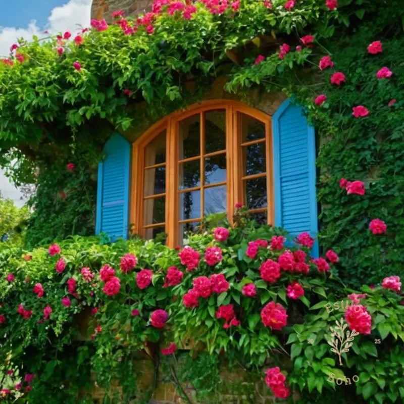 3-5 lush, climbing plants with vibrant greenery and colorful blooms.