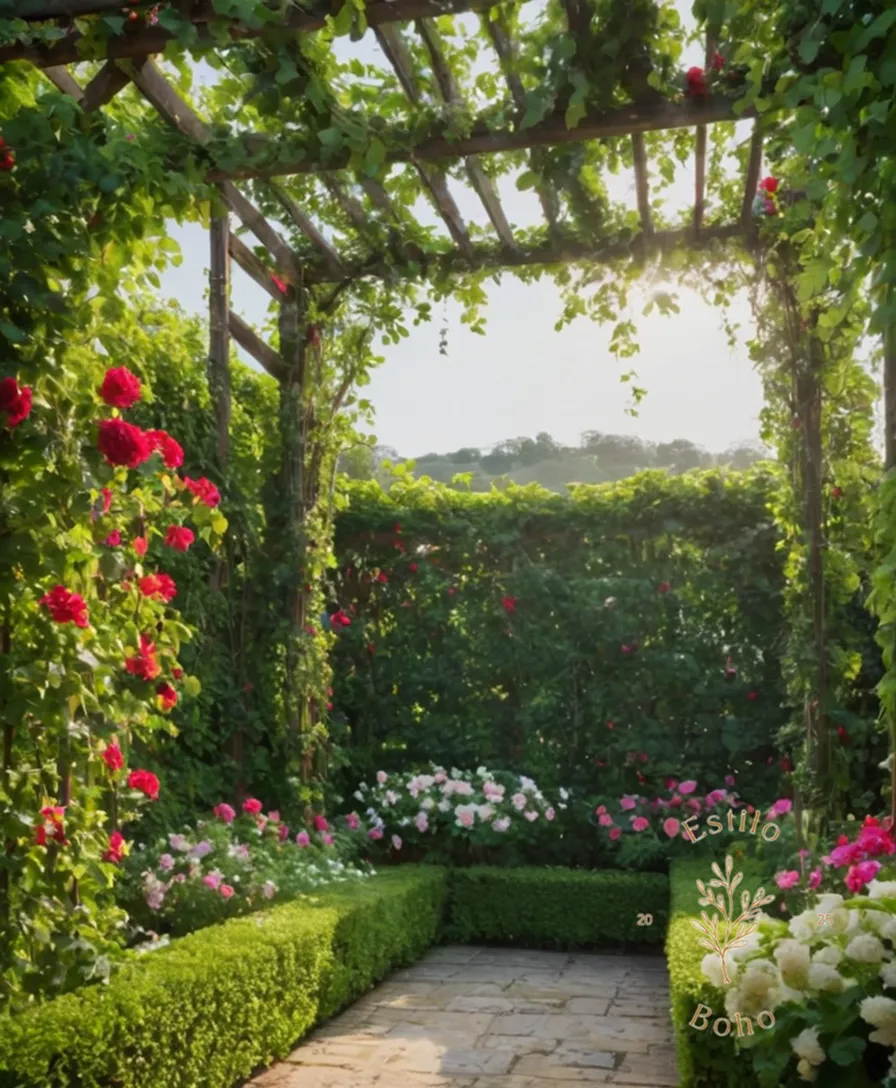 A lush, vibrant garden with trellises and flowering vines.