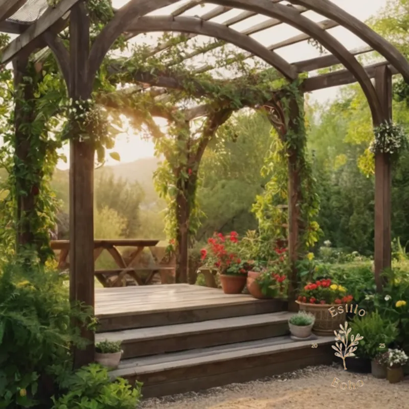 3-plant trellis or arbor in a bohemian outdoor setting.