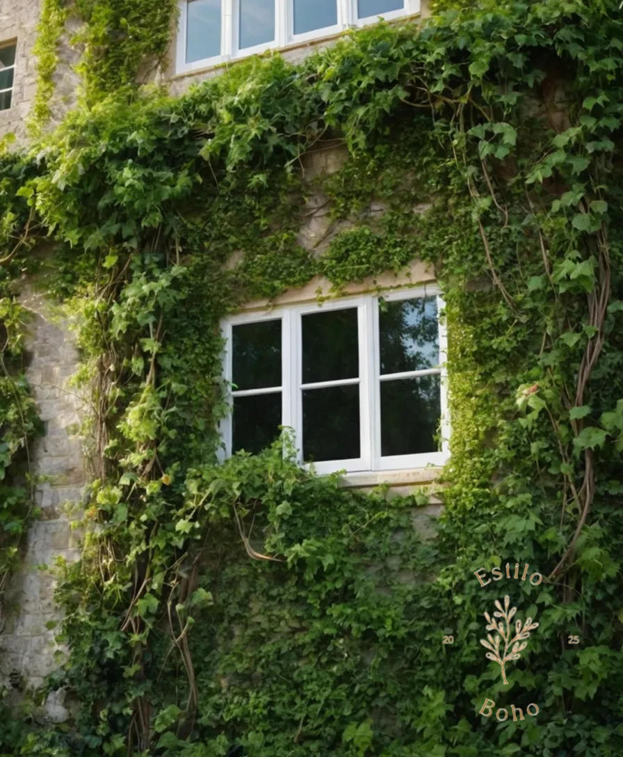 A lush, green outdoor space with climbing vines and plants.