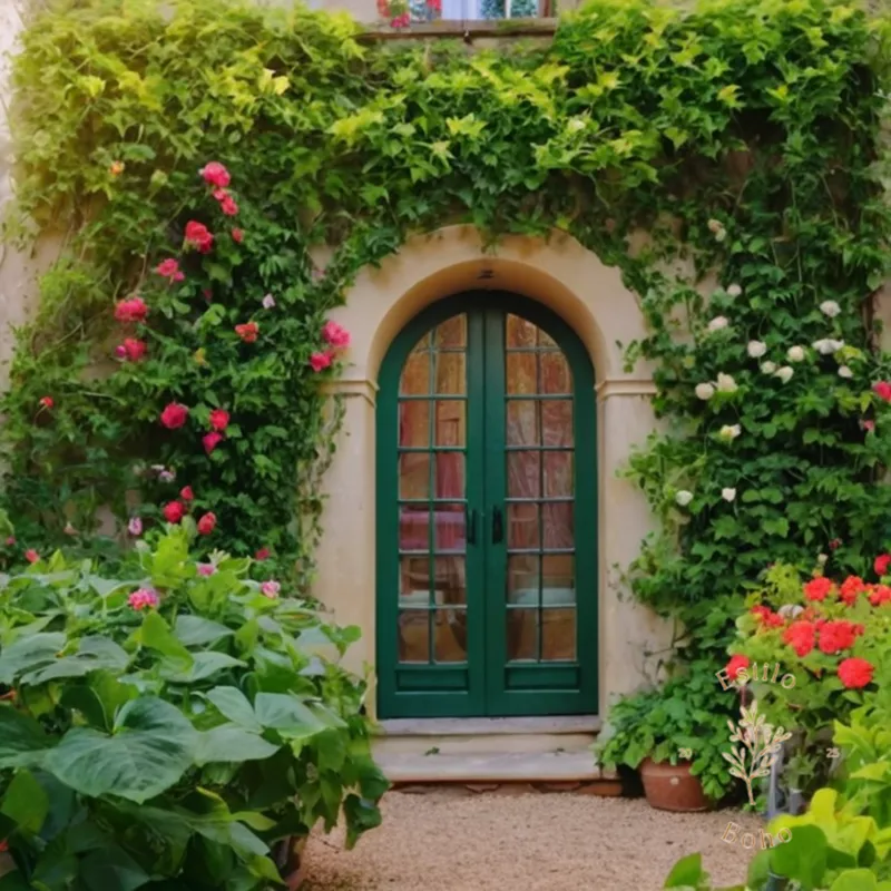 A lush, colorful garden scene with climbing vines.