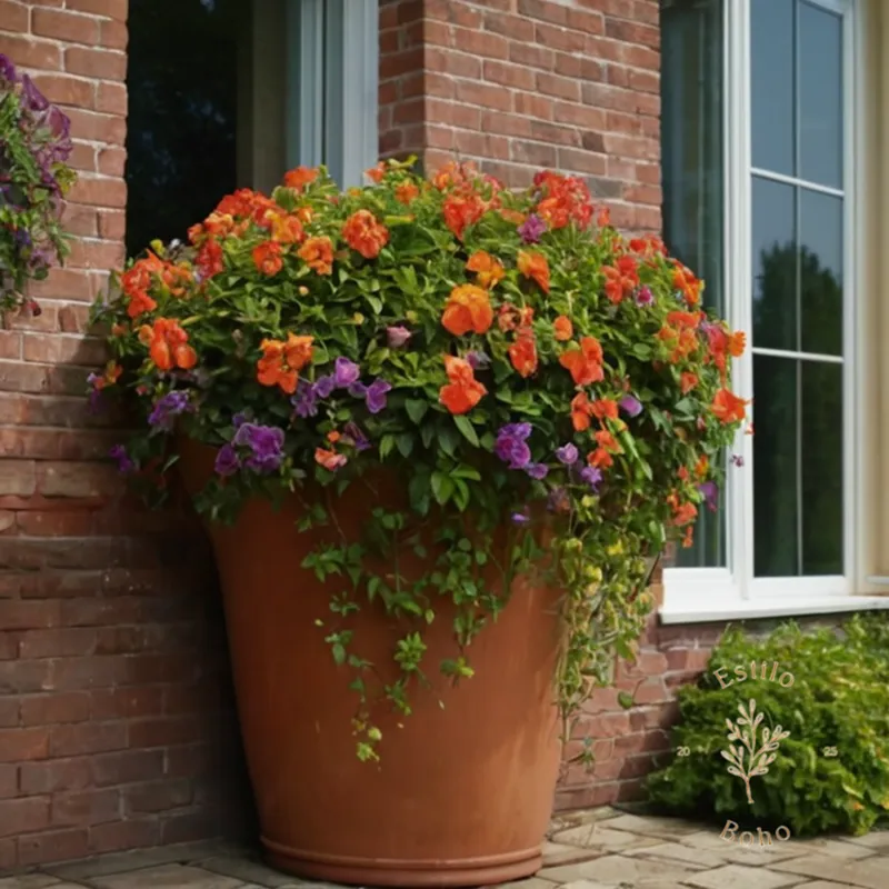 3-4 colorful climbing plants growing up a large pot's side.