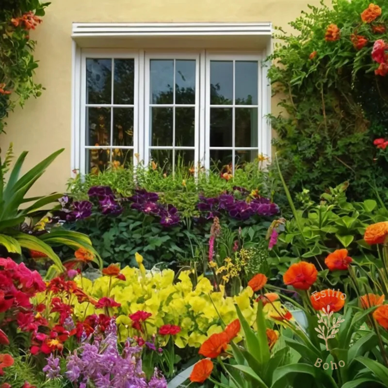 A lush, vibrant garden with eclectic plants and colorful flowers.