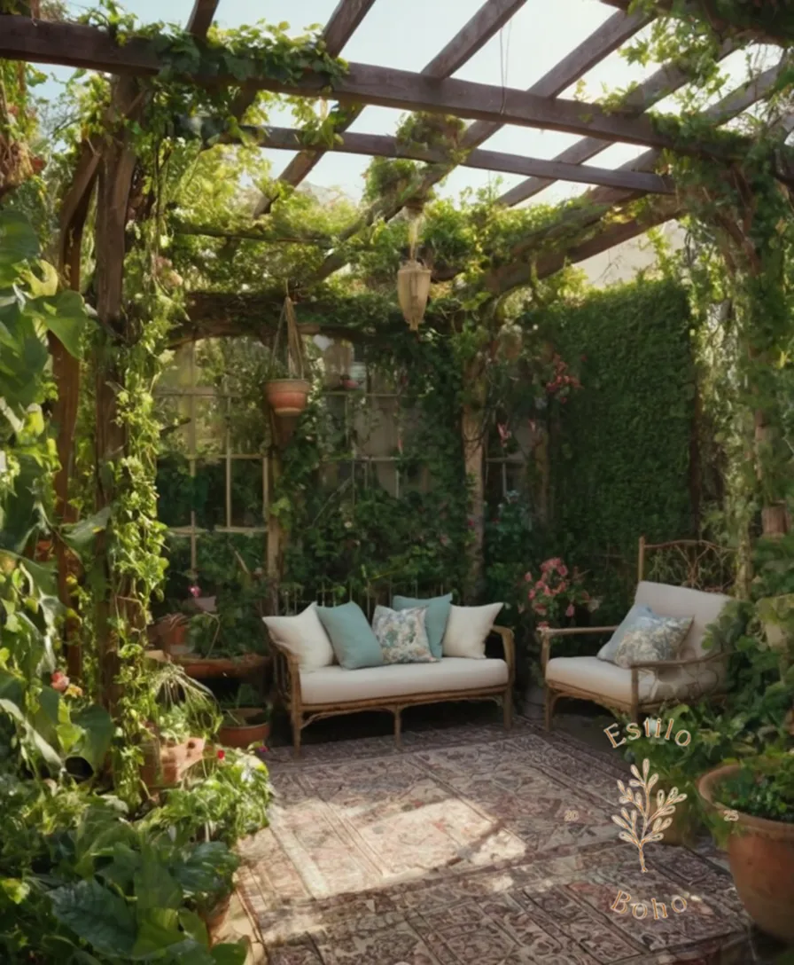 A lush, bohemian garden with trellises and vibrant vines.