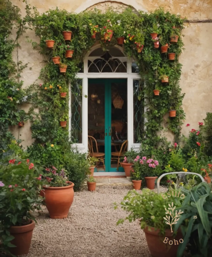 A beautiful bohemian garden with climbing plants thriving under automatic irrigation.