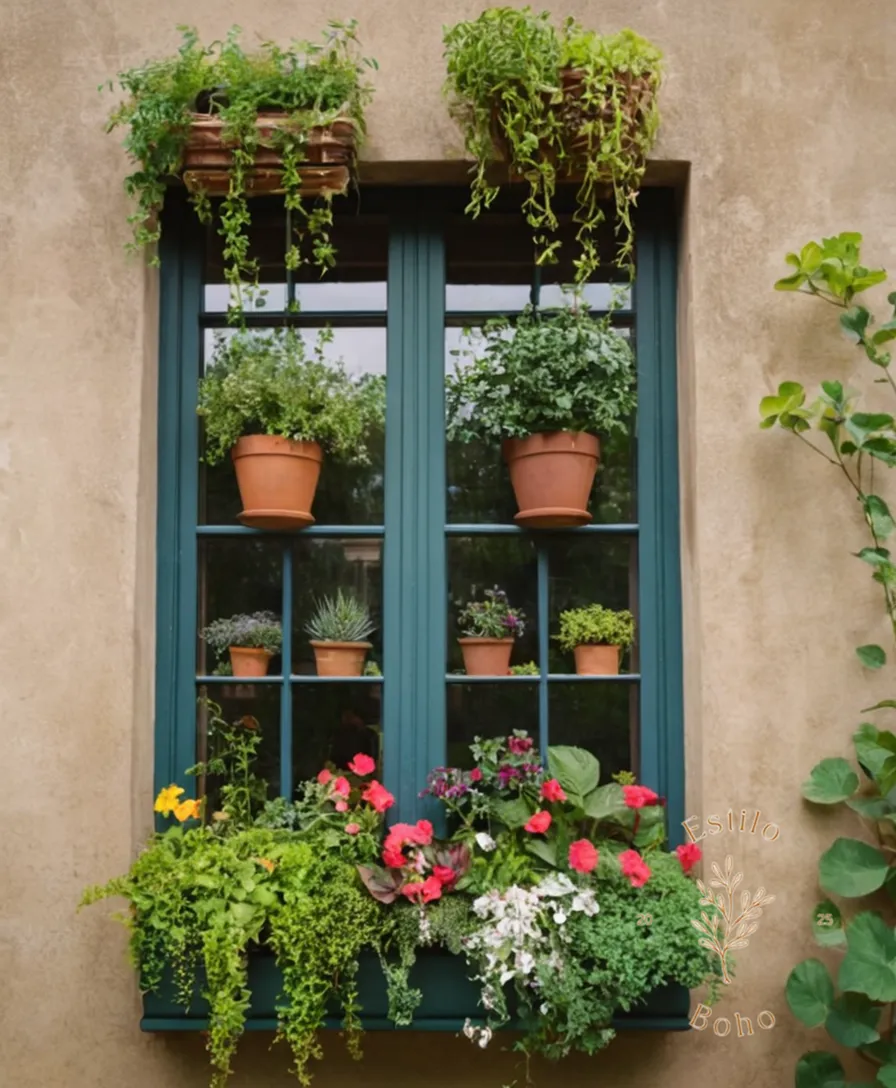 A bohemian-style vertical garden hanging from a windowsill or exterior wall.