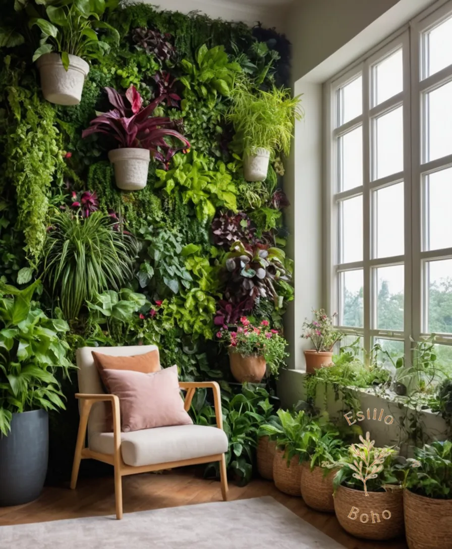 A lush, vibrant vertical garden with eclectic decorative elements.