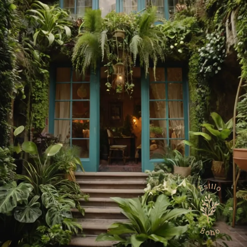 A lush, bohemian vertical garden with greenery and decorative details.
