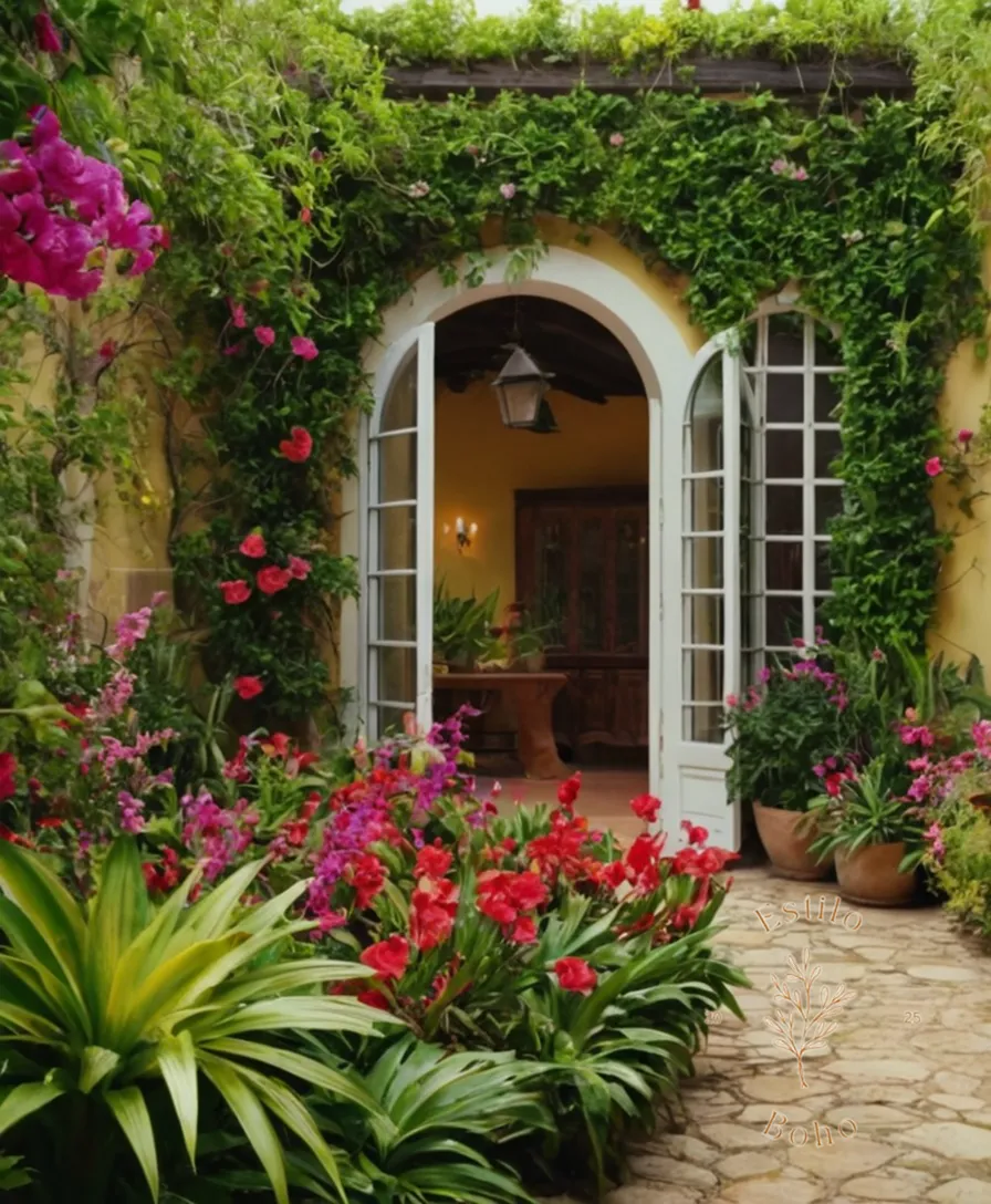 A lush exotic garden with vines and colorful blooms.