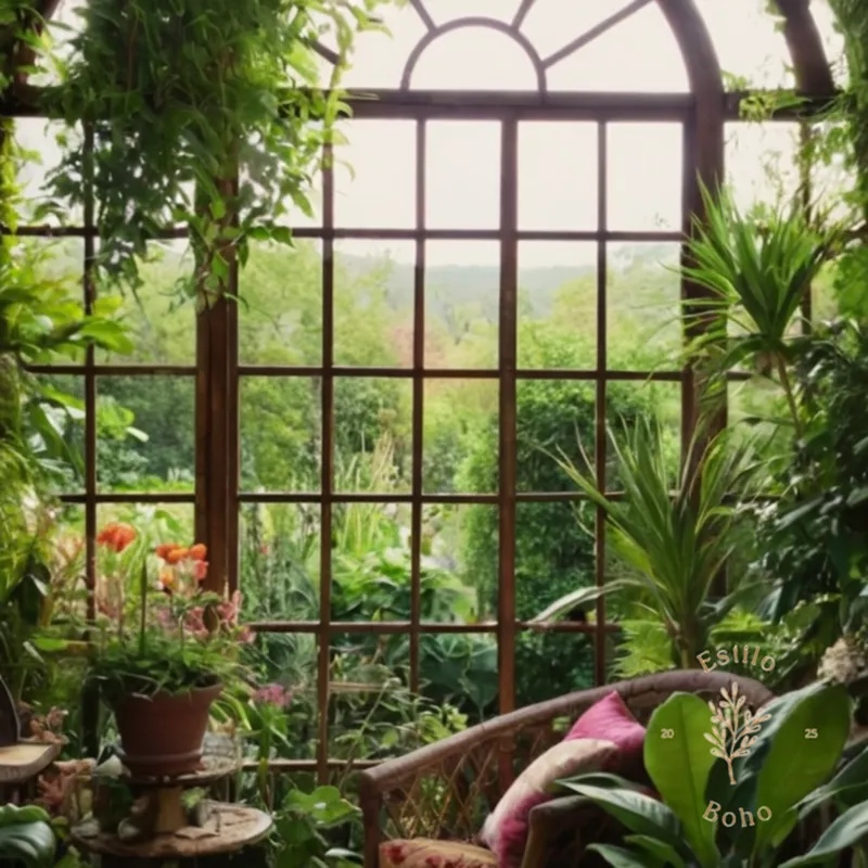 A lush bohemian garden with trellised plants overflowing.