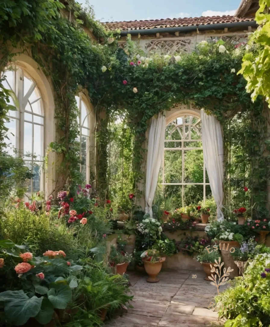 vines and ornamentals entwined on bohemian-style lush garden trellises.