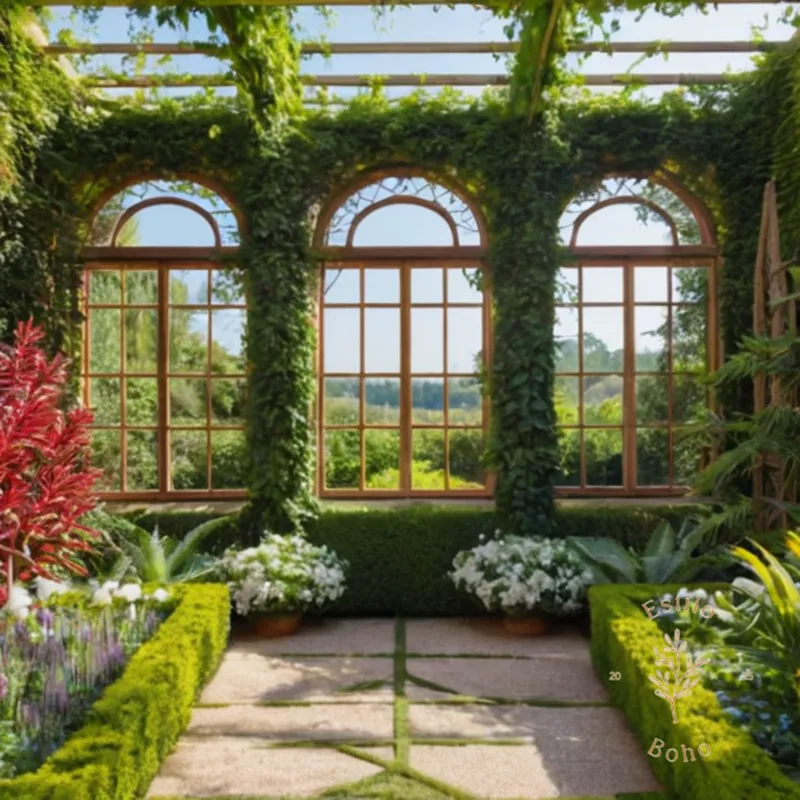 Vibrant, lush garden featuring combined trellises and ornamental plants.