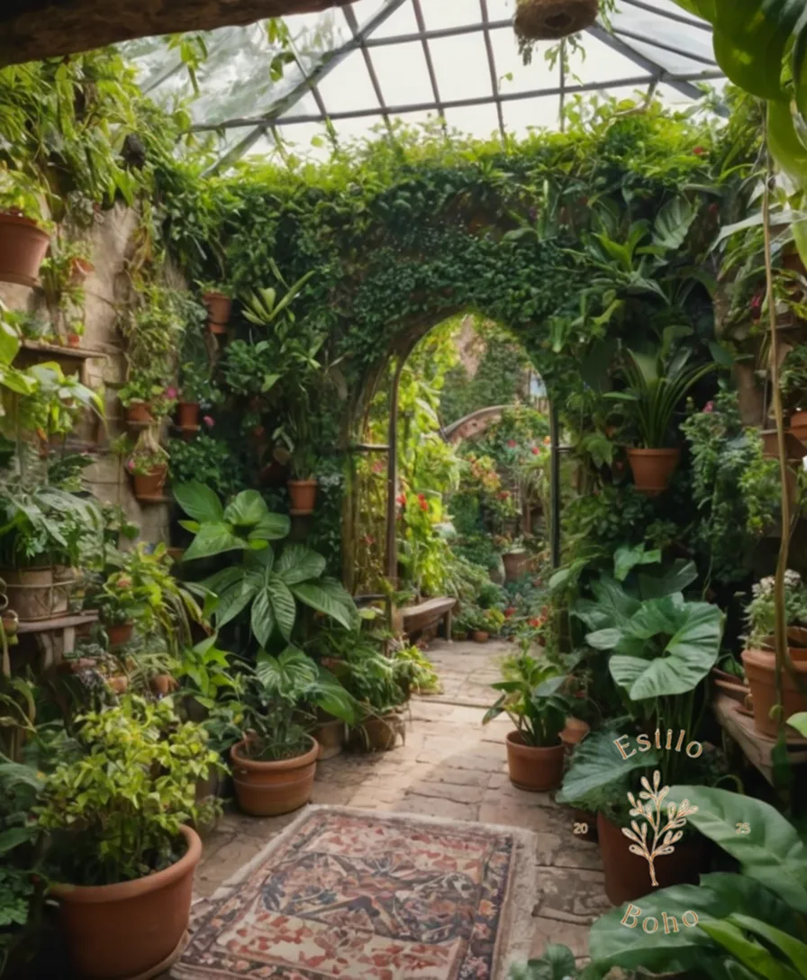 A lush, exotic small bohemian garden with climbing plants.