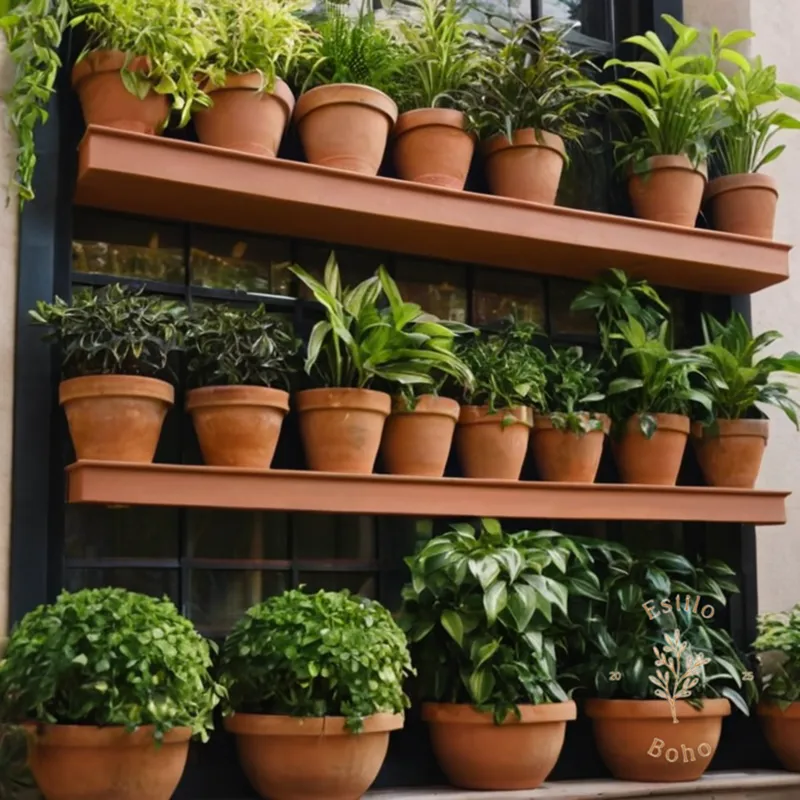 A lush vertical planter with climbing plants and terra cotta pots.