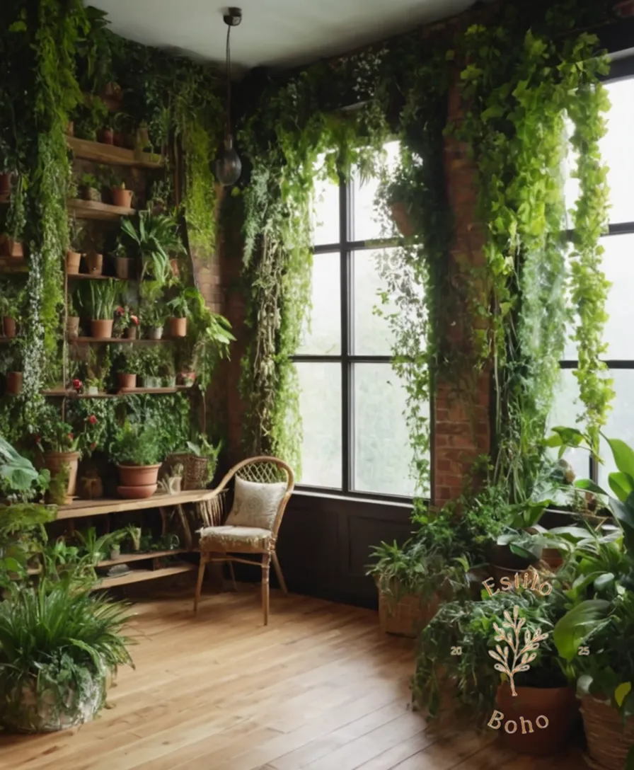 A lush, vertical garden with climbing plants and bohemian decor.