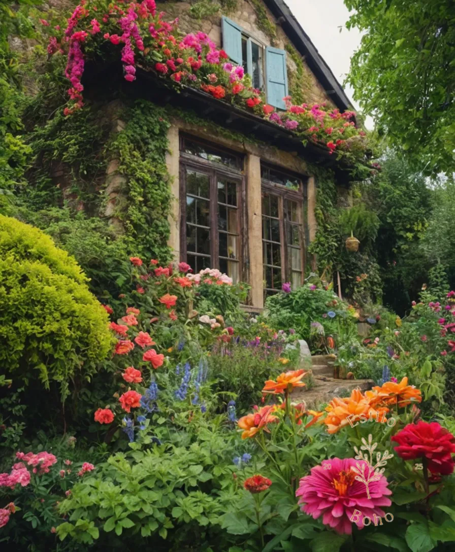 A lush bohemian garden with vibrant flowers and foliage.