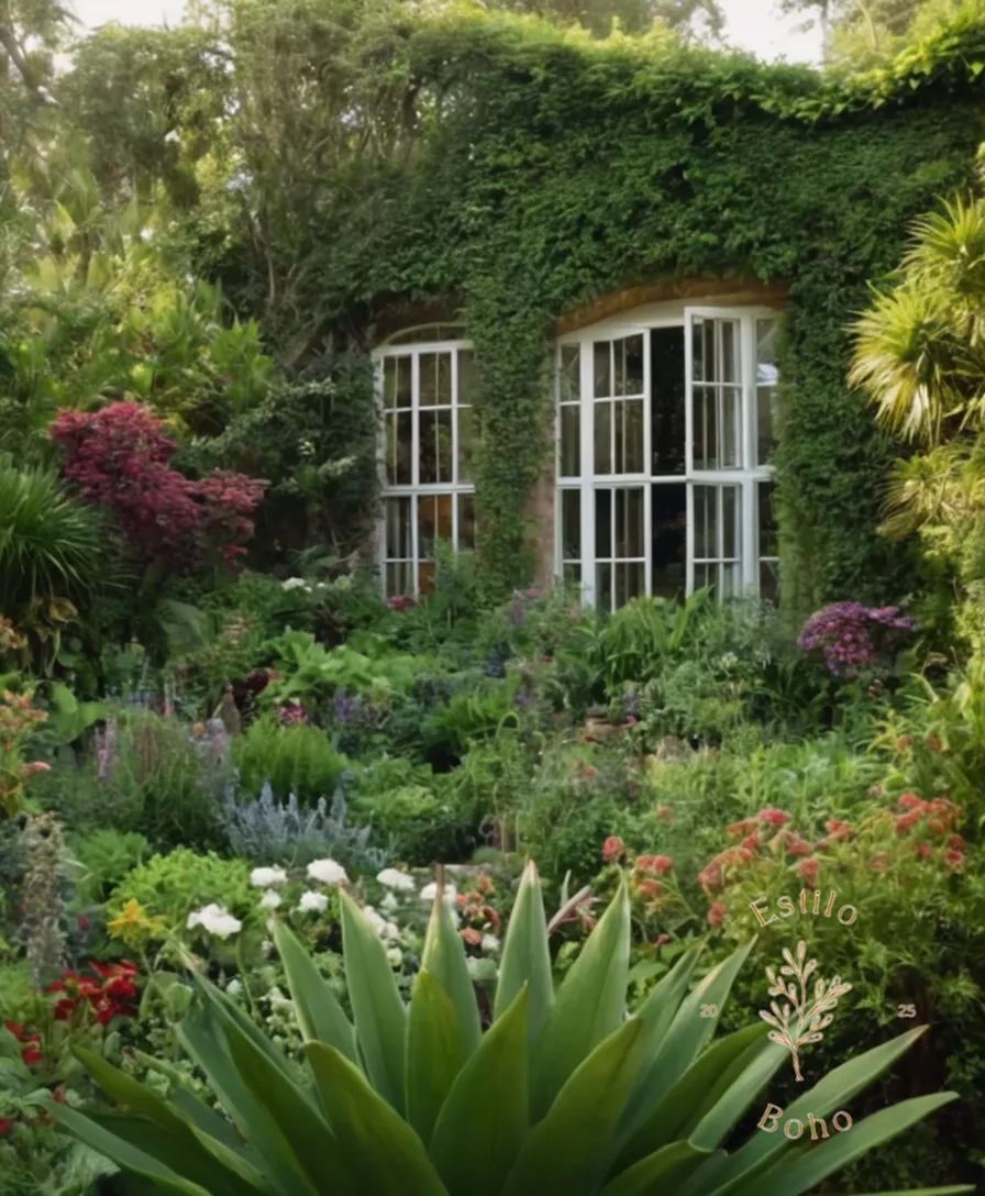 A lush, bohemian garden scene with sprawling greenery.