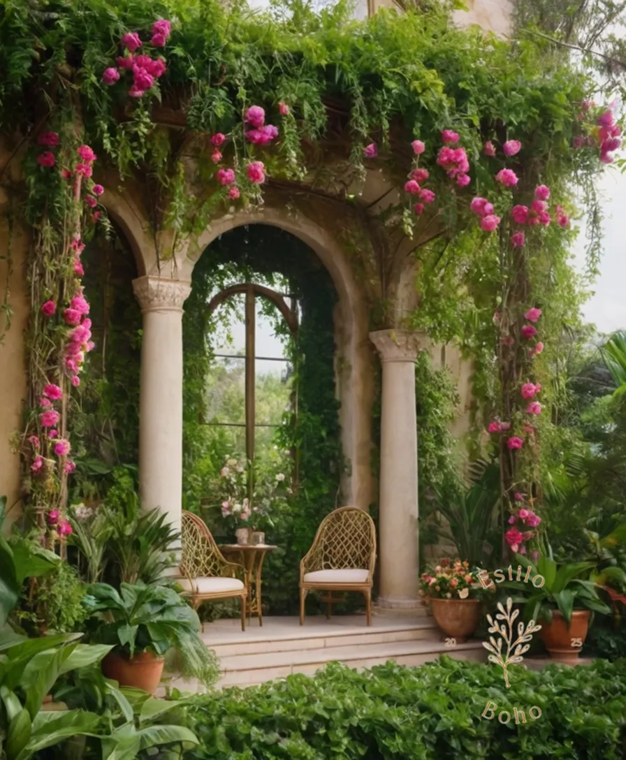 Exotic bohemian-style trellises overflowing with lush greenery and blooms.