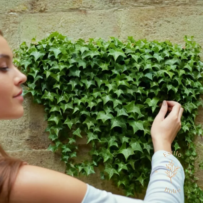A person holding an ivy with lush green leaves on a wall.