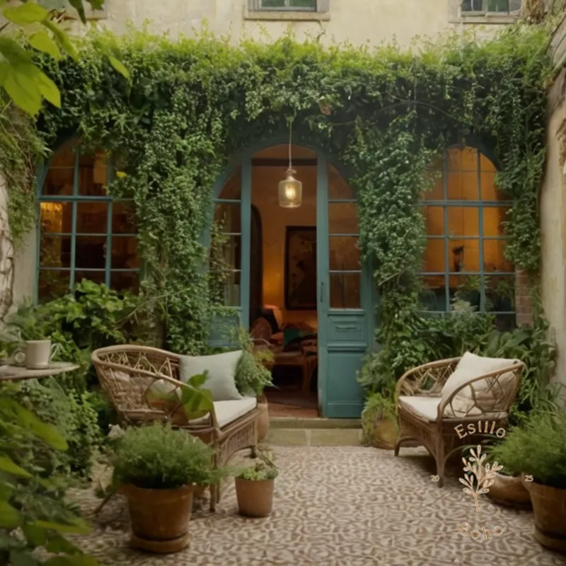 A vine-covered bohemian-style outdoor space with lush foliage.