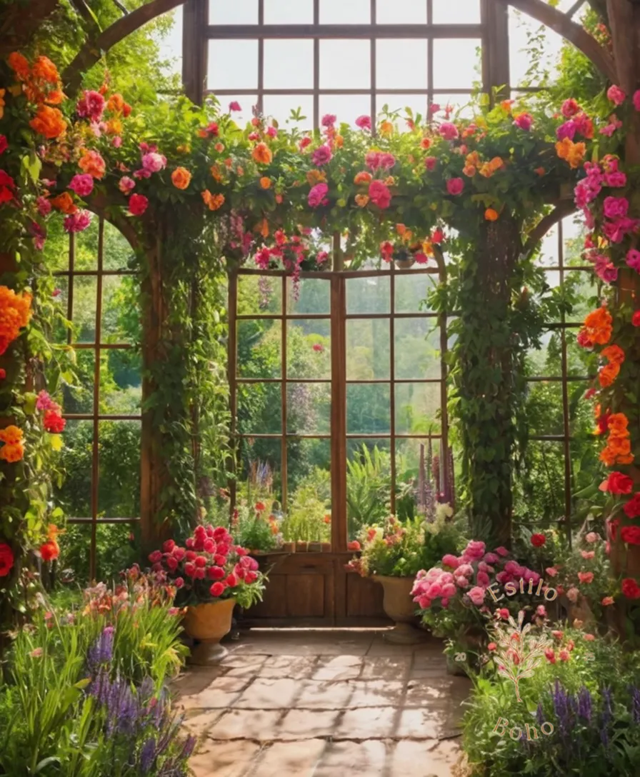 Vibrant colorful trellises and blooms in a lush bohemian garden scene.