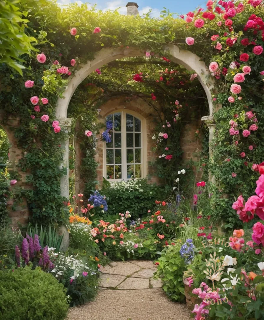 A vibrant, flowering climber entwined around a whimsical, eclectic garden feature.