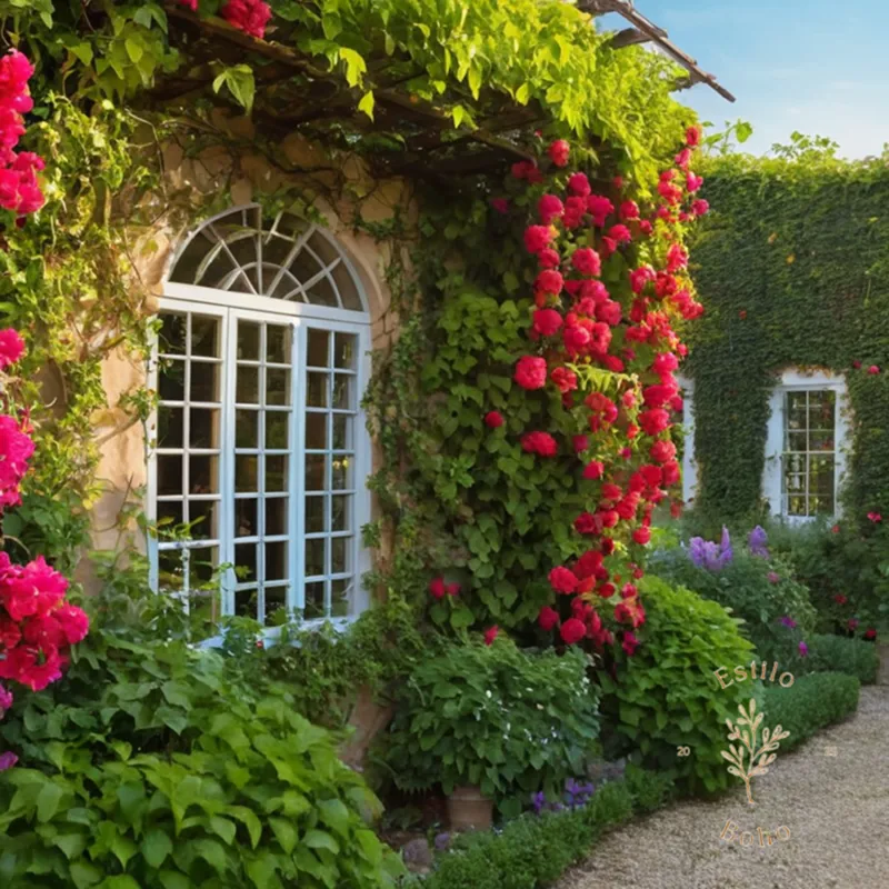 A vibrant trellis overflowing with colorful climbers and vines.