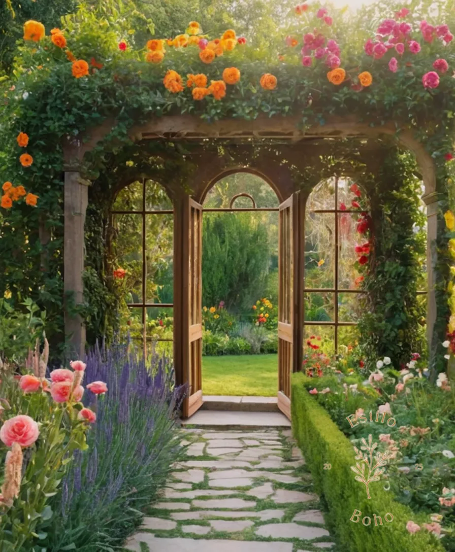 A vibrant, bohemian-inspired garden with trellised flowers in bloom.