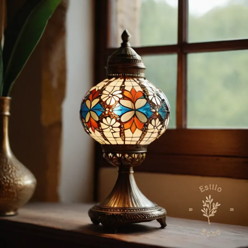 3-4 bohemian-style lamp options on a decorative table or shelf.