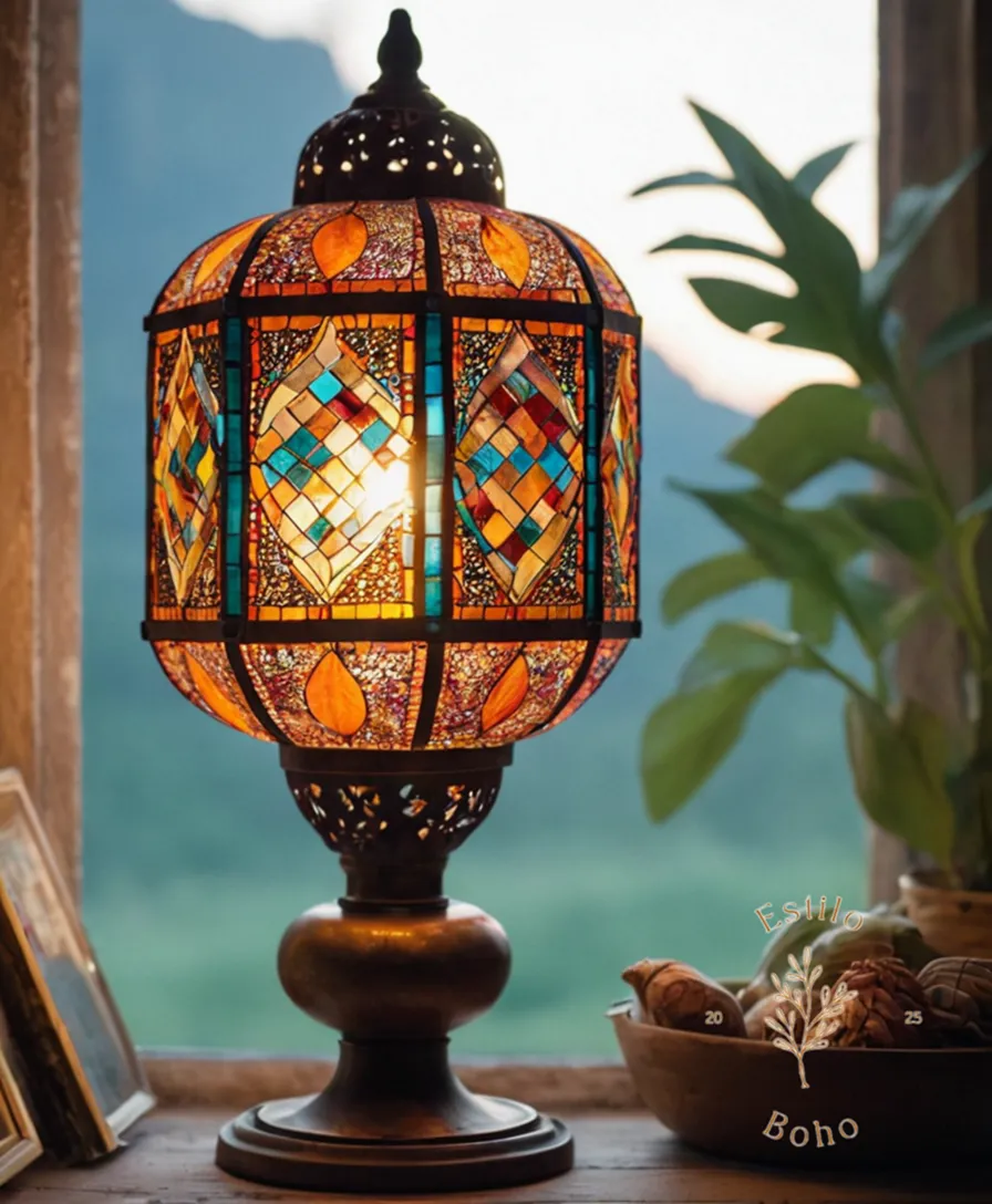 A stylish bohemian lamp made from recycled materials.