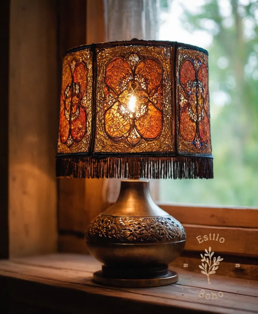 A bohemian-style lamp made from recycled materials.