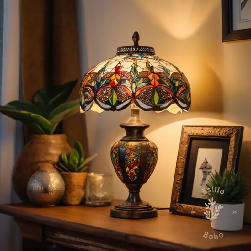 A bohemian-style lamp amidst stylishly arranged home decor items.