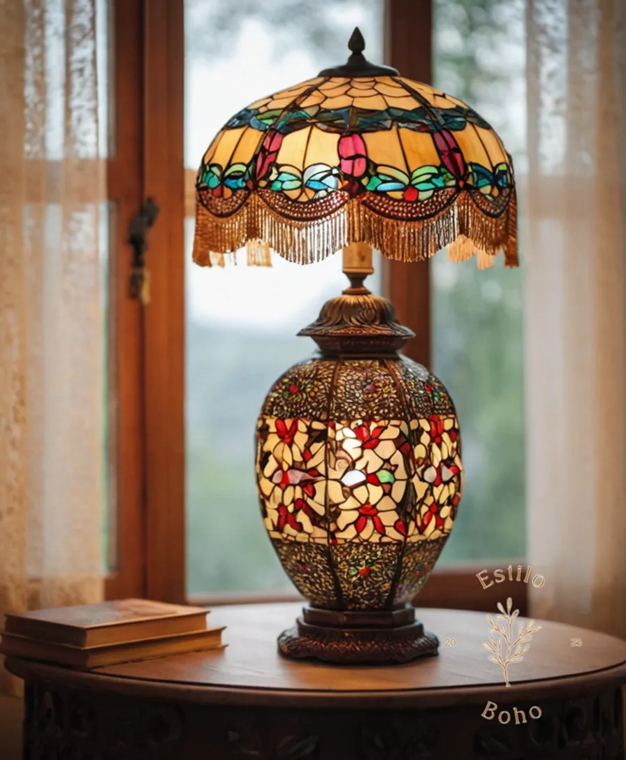 A stylish bohemian lamp on top of a decorative table.
