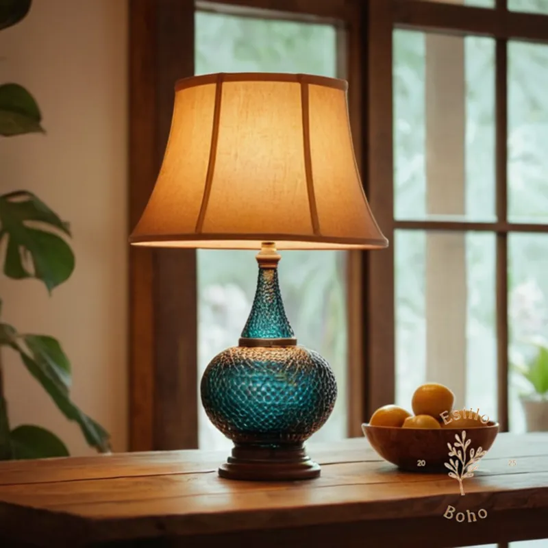 A stylish, bohemian-themed lamp on a wooden table setting indoors.