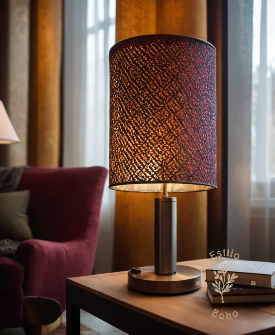 A stylish, artisanal metal lamp with a textile screen.