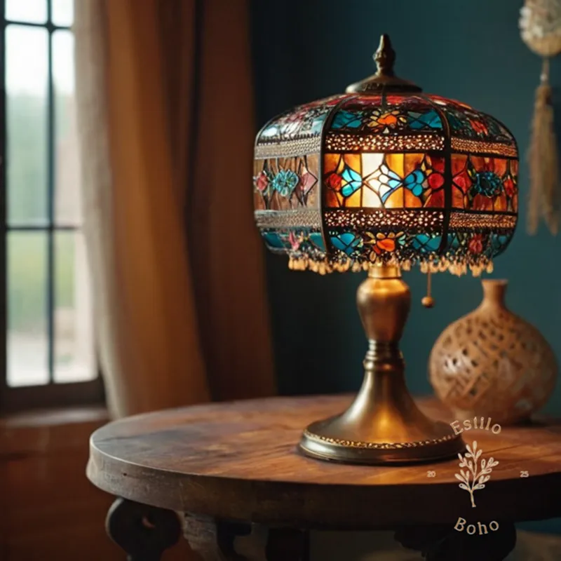 A bohemian-style metal lamp standing on a stylish table.