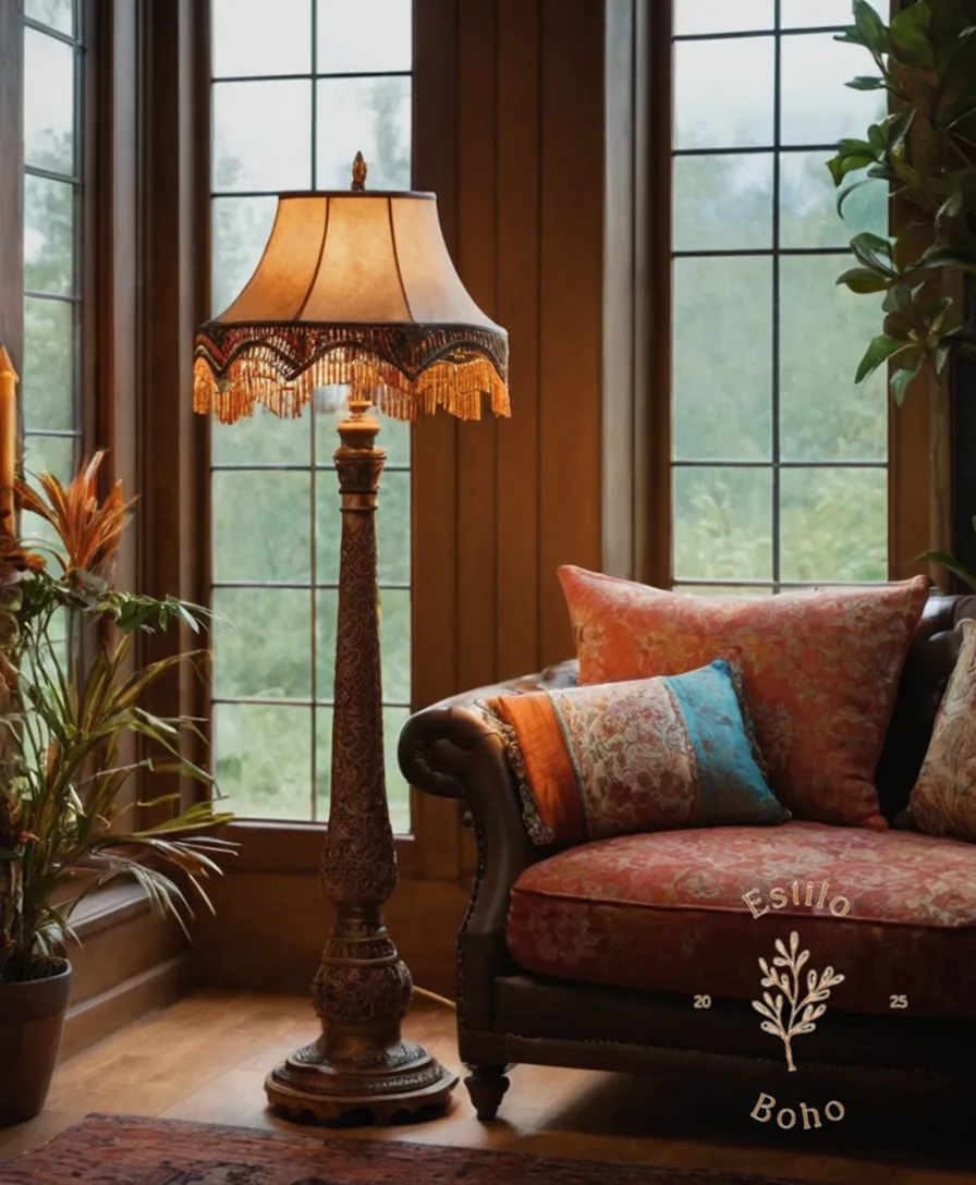 A bohemian floor lamp in an inviting reading nook setting.