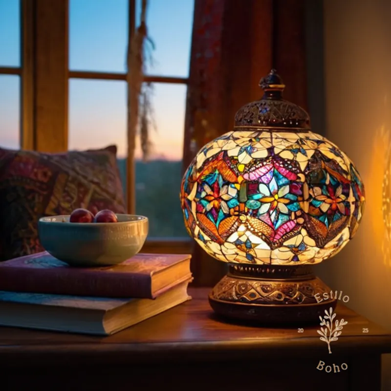 A bohemian table lamp on a cozy reading nook.