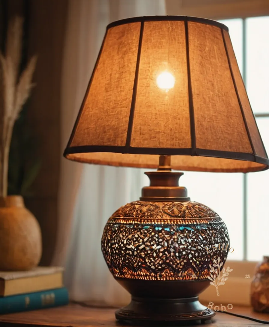 A bohemian-style lamp being crafted or lit up creatively.
